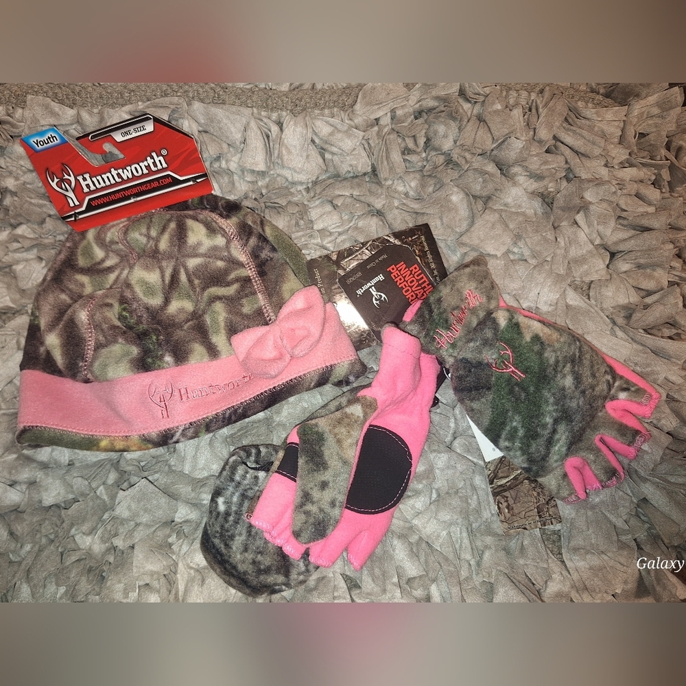 🇺🇲Sz M/L Pink and Camouflage Kids Hat and Pop-top Gloves